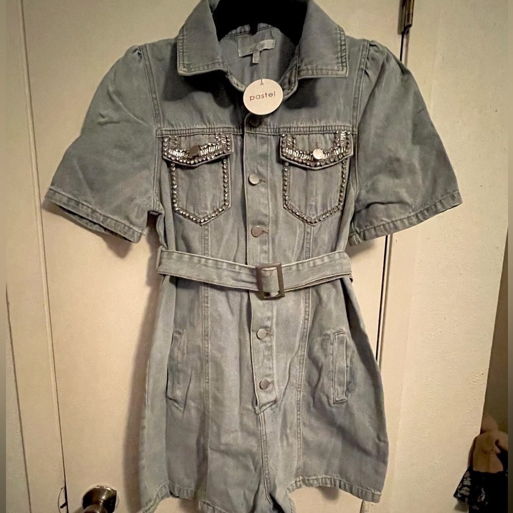 NWT PASTEL Denim Rhinestone Romper